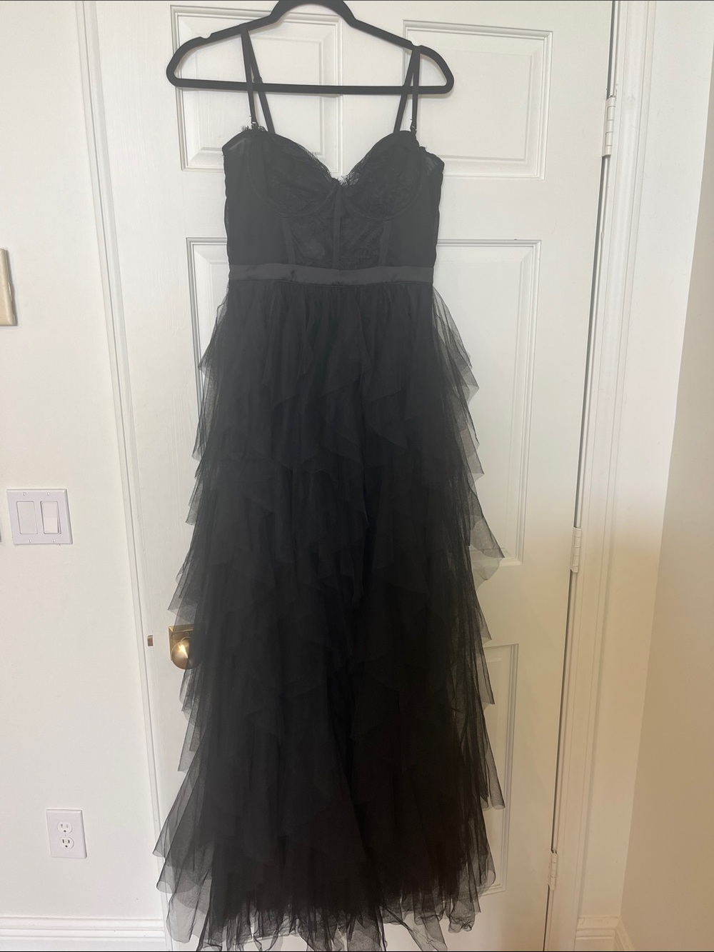 Black Lace Bustier Ruffle Tulle Midi Dress